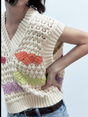 Knit Crochet Sweater Vest in Cream with‎ Multicolor Accents